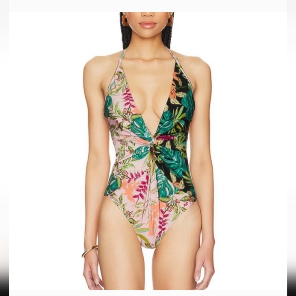Green and Pink Tropical One Piece Swimsuit with Plunging V-Neck